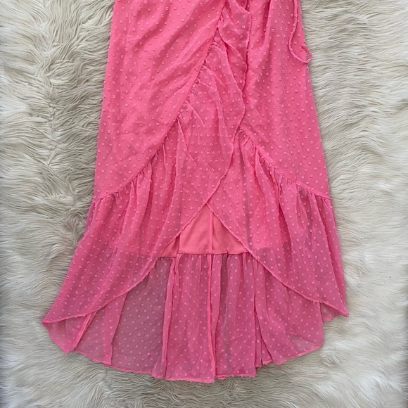 Lulus Bubblegum Pink Swiss Dot Effortlessly Easy High-Low Midi Wrap Dress XS - Picture 4 of 12